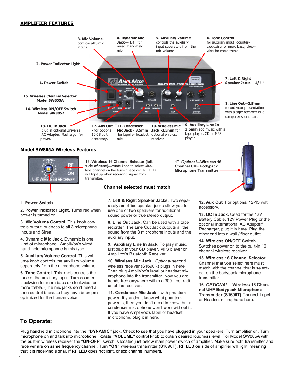 Model sw805a wireless features amplifier features, Channel selected must match | AmpliVox SW805A User Manual | Page 4 / 6