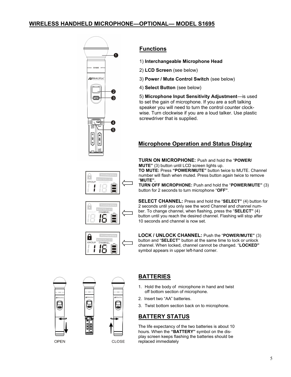 Functions, Wireless handheld microphone—optional— model s1695, Microphone operation and status display batteries | Battery status | AmpliVox SW805A User Manual | Page 5 / 6