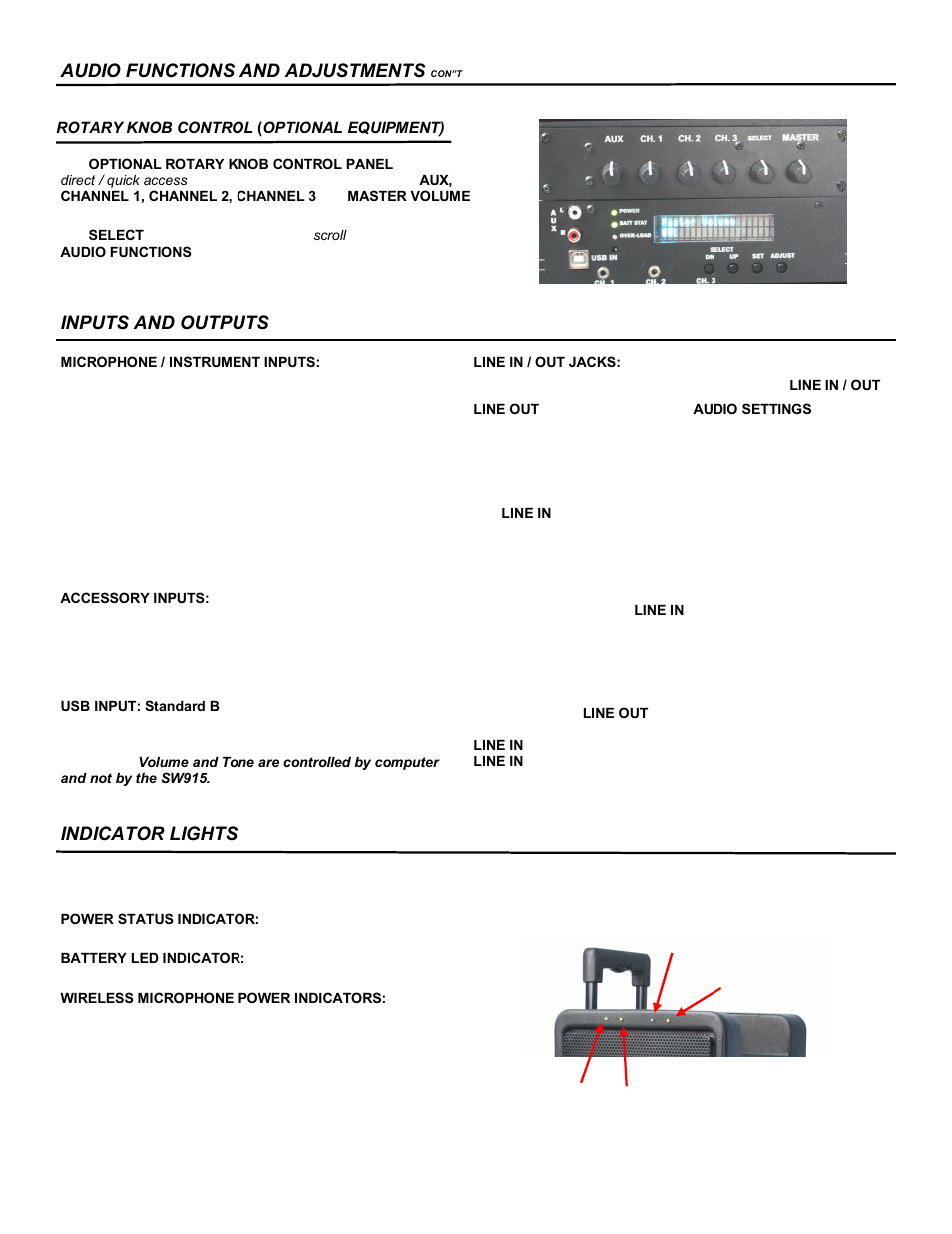 Audio functions and adjustments, Inputs and outputs, Indicator lights | AmpliVox SW915 User Manual | Page 6 / 12