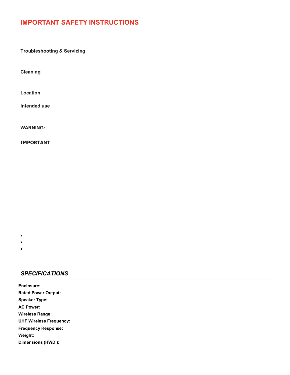 Important safety instructions, Specifications | AmpliVox SW1230 User Manual | Page 2 / 7