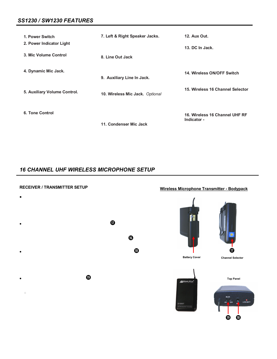 K; l, 16 channel uhf wireless microphone setup | AmpliVox SW1230 User Manual | Page 5 / 7