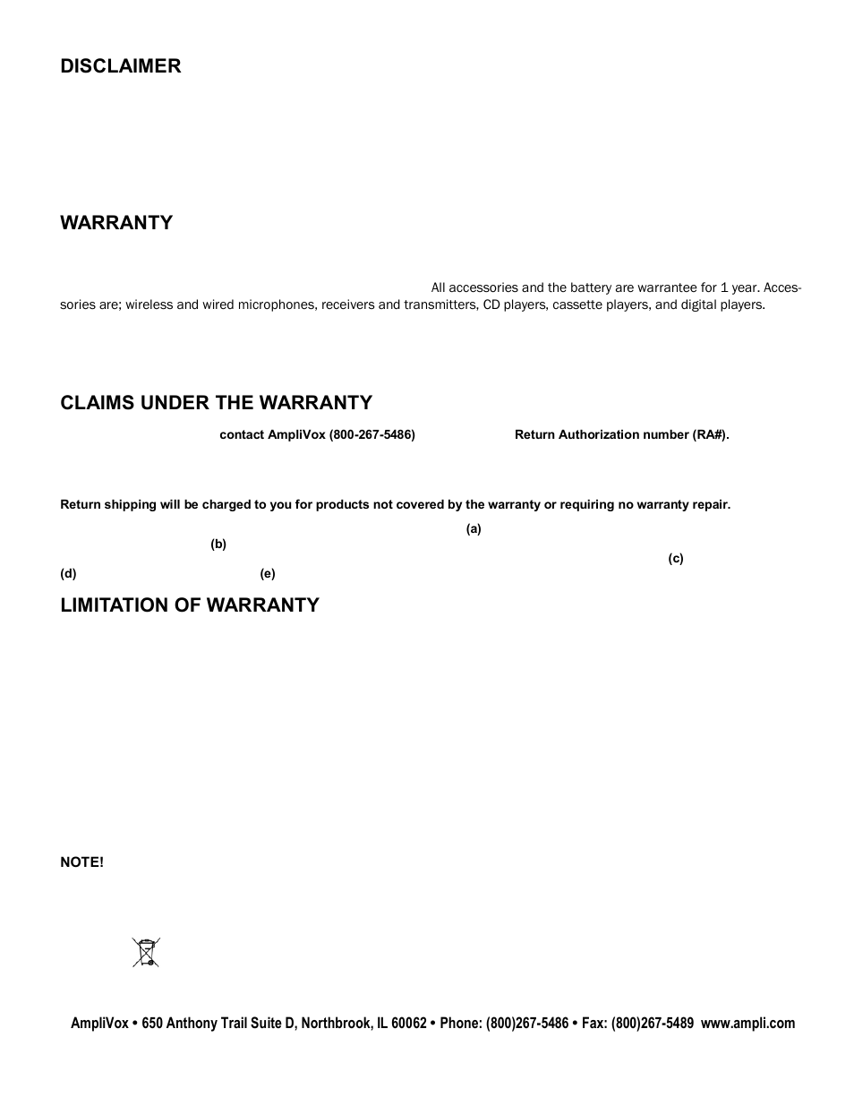 Disclaimer, Warranty, Claims under the warranty | Limitation of warranty | AmpliVox SW1230 User Manual | Page 7 / 7