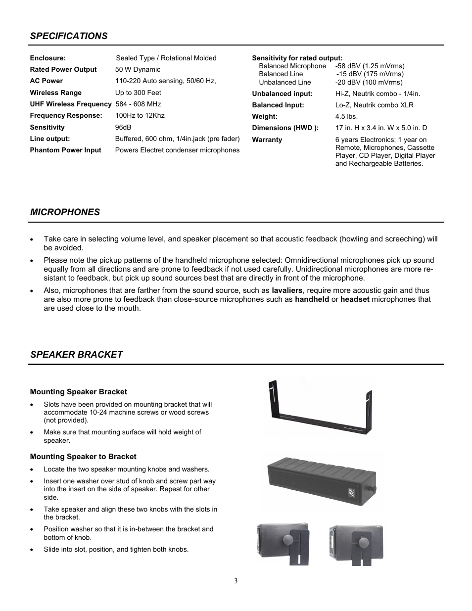 Specifications, Speaker bracket microphones | AmpliVox SW1234 User Manual | Page 3 / 8