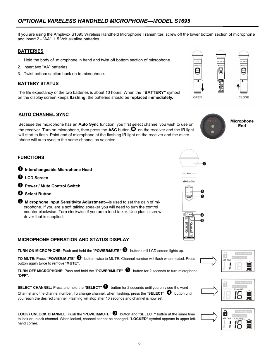 Optional wireless handheld microphone—model s1695 | AmpliVox SW1234 User Manual | Page 6 / 8