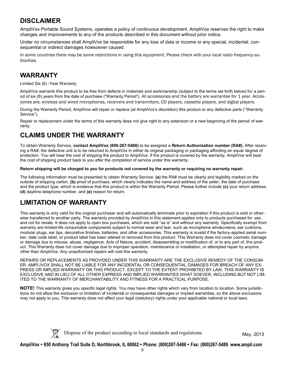 Disclaimer, Warranty, Claims under the warranty | Limitation of warranty | AmpliVox SW1234 User Manual | Page 8 / 8