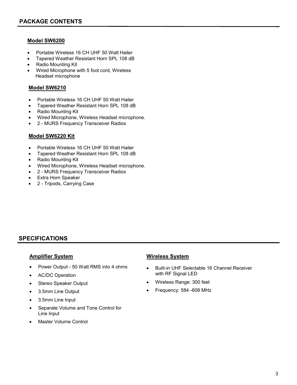 Specifications, Package contents | AmpliVox SW6220 User Manual | Page 3 / 8