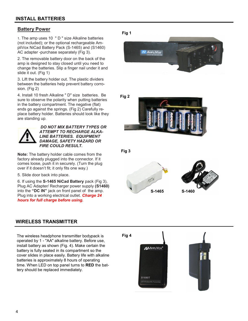 Battery power, Install batteries wireless transmitter | AmpliVox SW6220 User Manual | Page 4 / 8