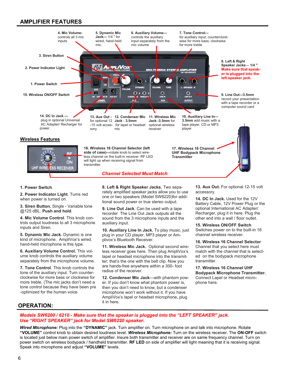 Amplifier features, Operation, Wireless features | AmpliVox SW6220 User Manual | Page 6 / 8
