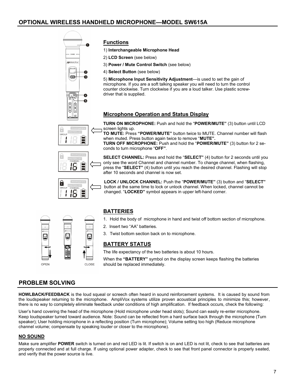 Optional wireless handheld microphone—model sw615a, Problem solving, Functions | Microphone operation and status display batteries, Battery status | AmpliVox SW6220 User Manual | Page 7 / 8