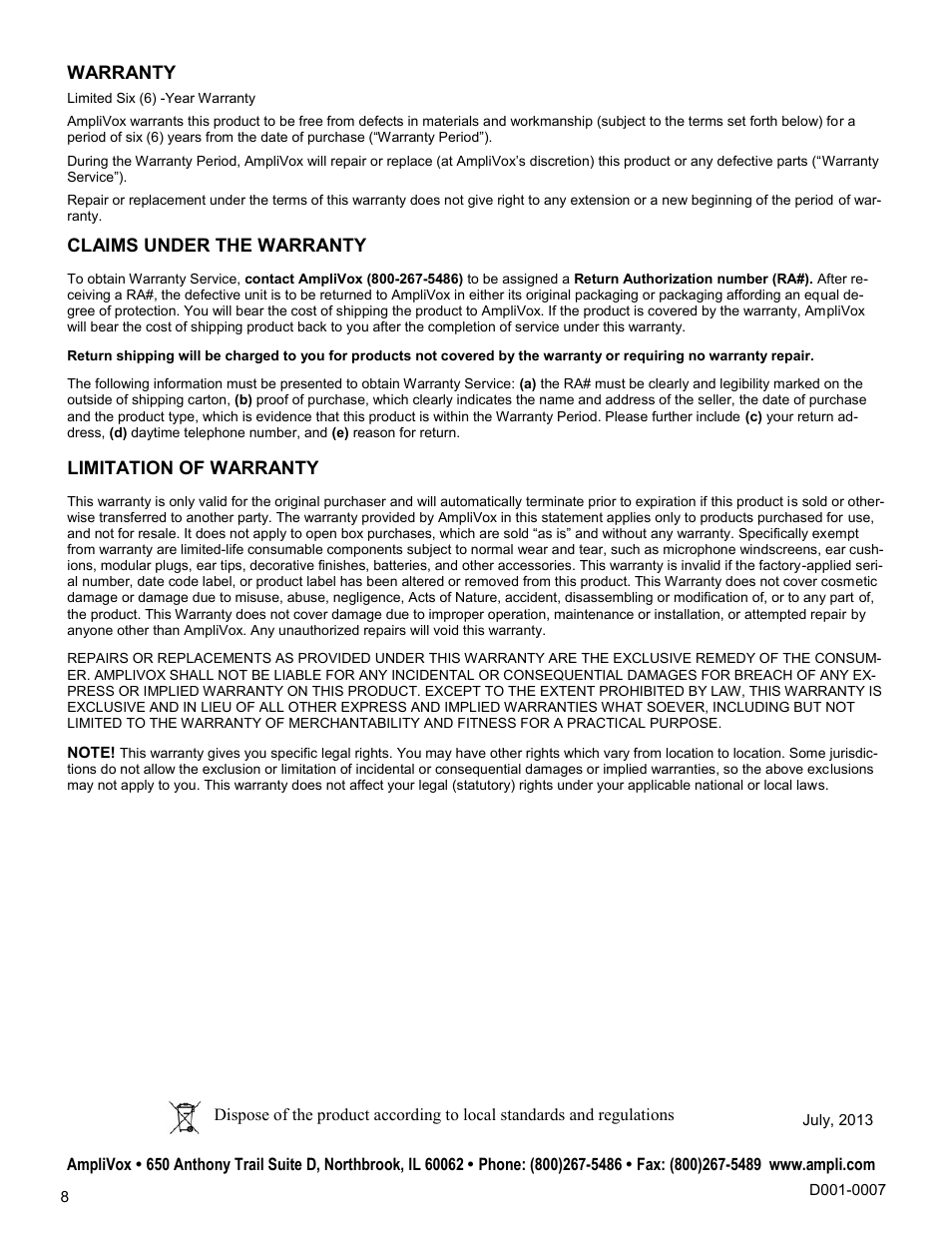 Warranty, Claims under the warranty, Limitation of warranty | AmpliVox SW6220 User Manual | Page 8 / 8