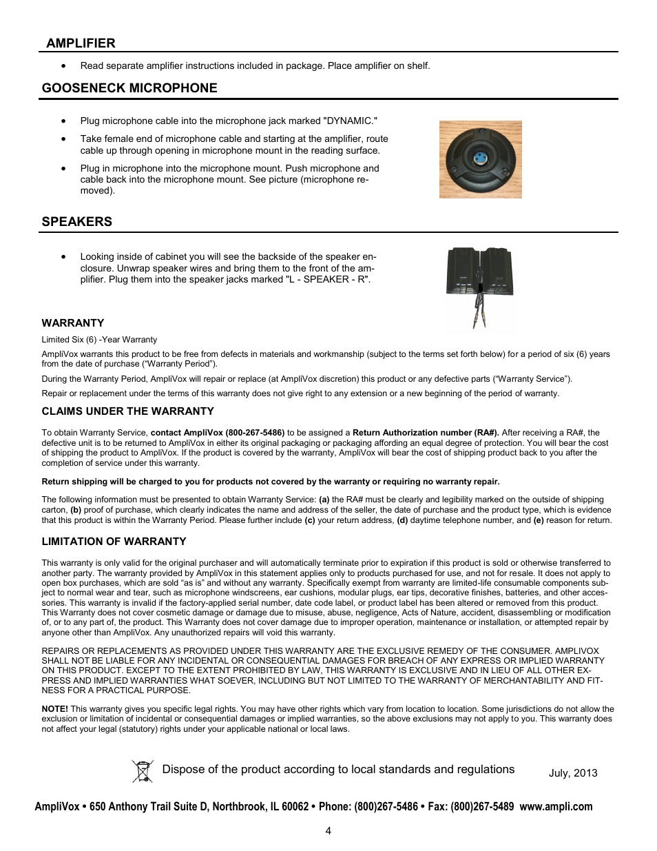 Amplifier, Speakers gooseneck microphone | AmpliVox SW450 User Manual | Page 4 / 4