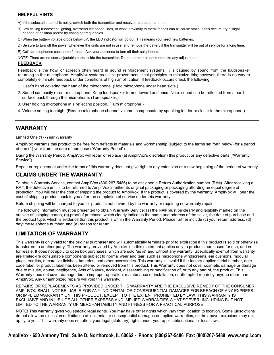Warranty, Claims under the warranty, Limitation of warranty | AmpliVox SW3254 User Manual | Page 4 / 4