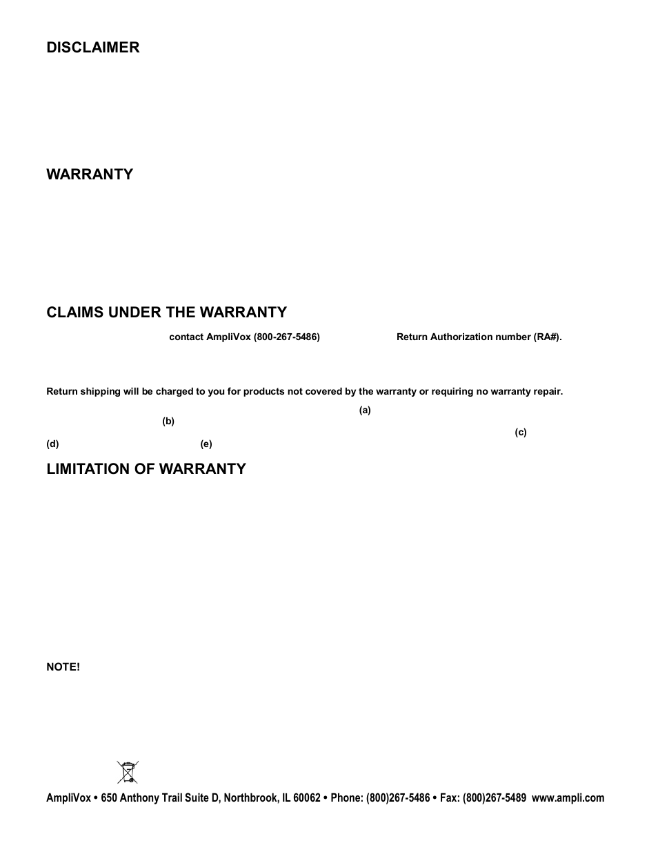 Disclaimer, Warranty, Claims under the warranty | Limitation of warranty | AmpliVox S1297 User Manual | Page 8 / 8