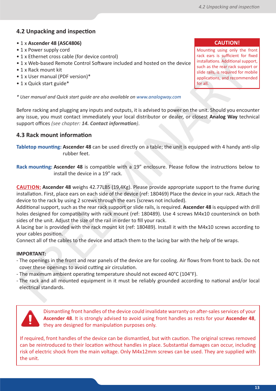 2 unpacking and inspection, 3 rack mount information, Preliminar y preliminar y | Analog Way Ascender 48 User Manual | Page 13 / 81