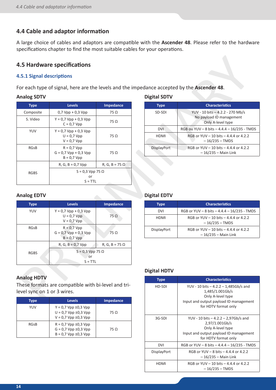 4 cable and adaptor information, 5 hardware specifications, 1 signal descriptions | Preliminar y | Analog Way Ascender 48 User Manual | Page 14 / 81