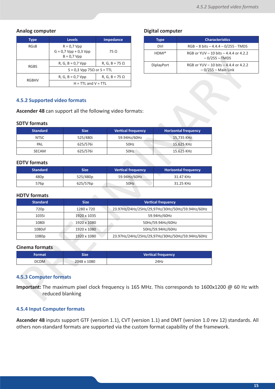 2 supported video formats, 3 computer formats, 4 input computer formats | Preliminar y preliminar y | Analog Way Ascender 48 User Manual | Page 15 / 81