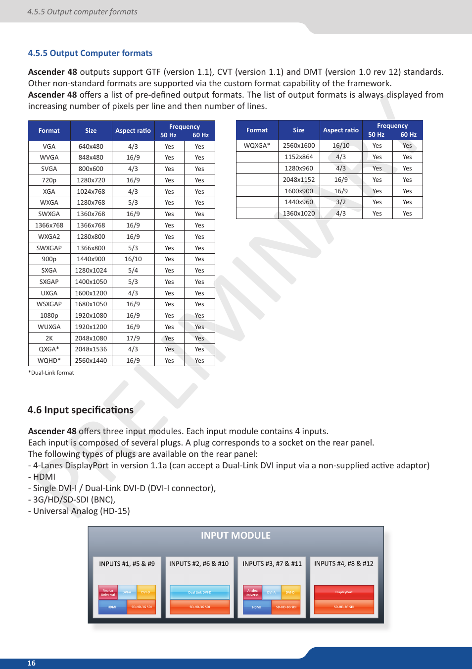 5 output computer formats, 6 input specifications, Preliminar y | Analog Way Ascender 48 User Manual | Page 16 / 81