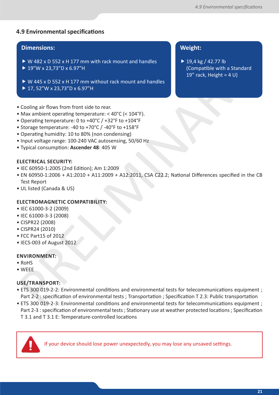 9 environmental specifications, Preliminar y preliminar y | Analog Way Ascender 48 User Manual | Page 21 / 81