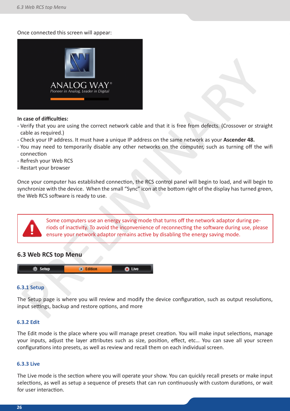 3 web rcs top menu, 1 setup, 2 edit | 3 live, Preliminar y | Analog Way Ascender 48 User Manual | Page 26 / 81