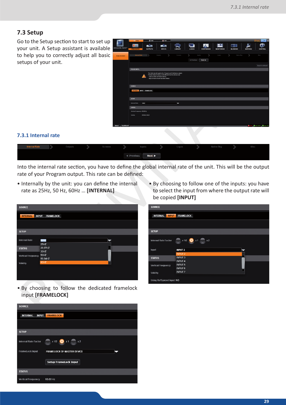 3 setup, 1 internal rate, Preliminar y preliminar y | Analog Way Ascender 48 User Manual | Page 29 / 81