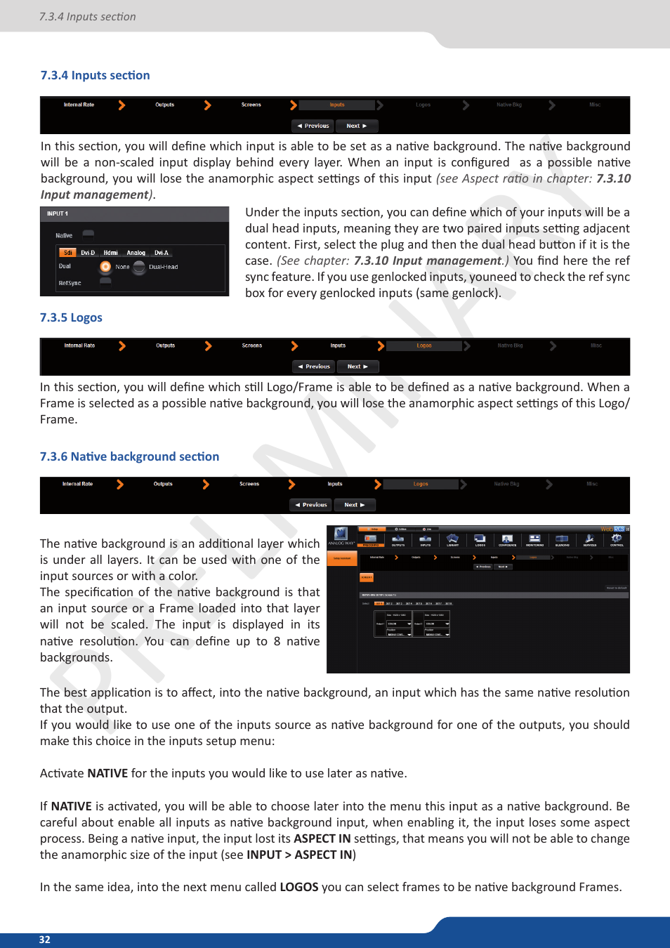 4 inputs section, 5 logos, 6 native background section | Preliminar y | Analog Way Ascender 48 User Manual | Page 32 / 81