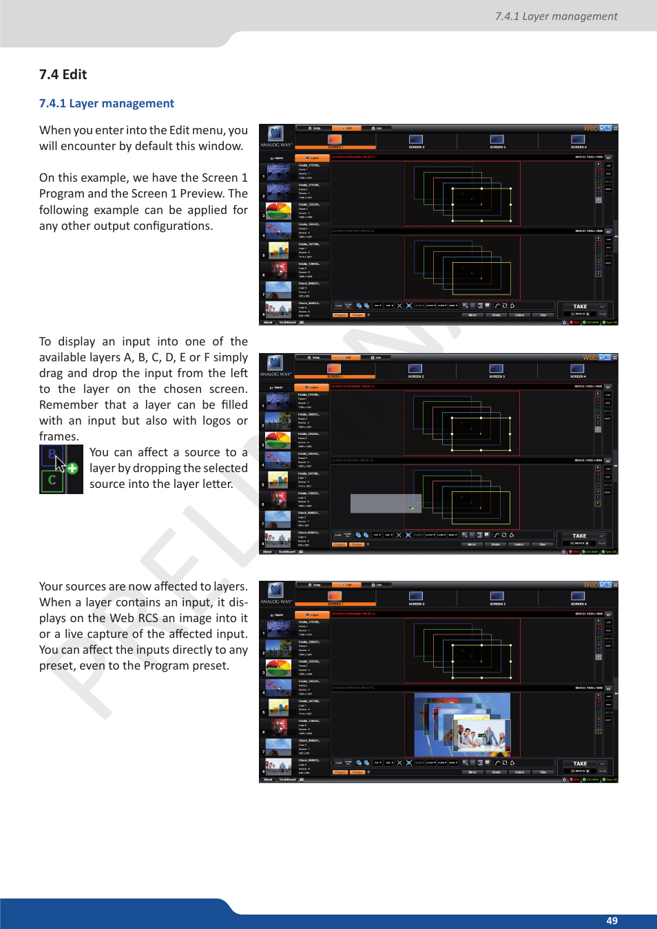 4 edit mode, 1 layer management, Preliminar y preliminar y | Analog Way Ascender 48 User Manual | Page 49 / 81