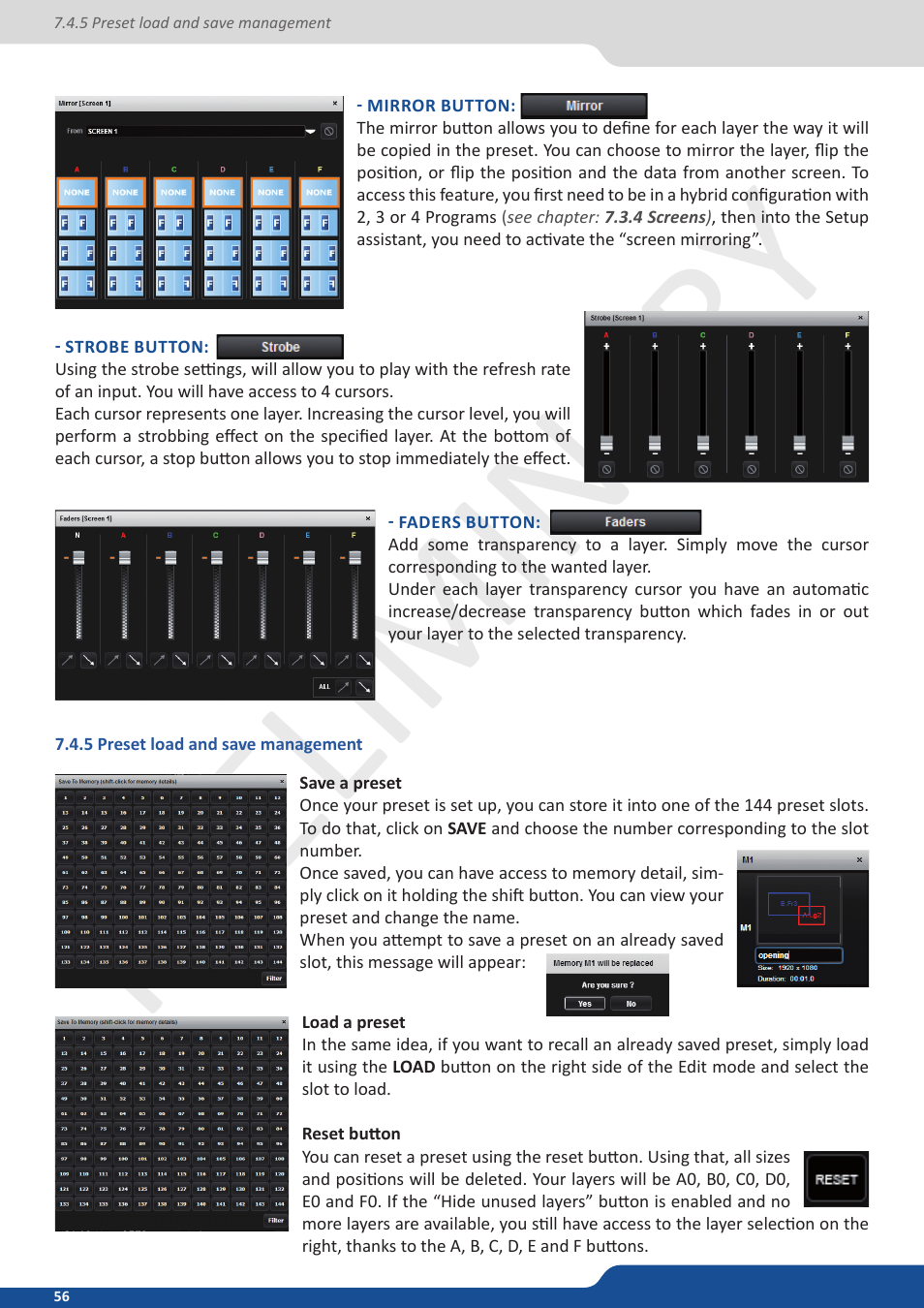 5 preset load and save management, Preliminar y | Analog Way Ascender 48 User Manual | Page 56 / 81