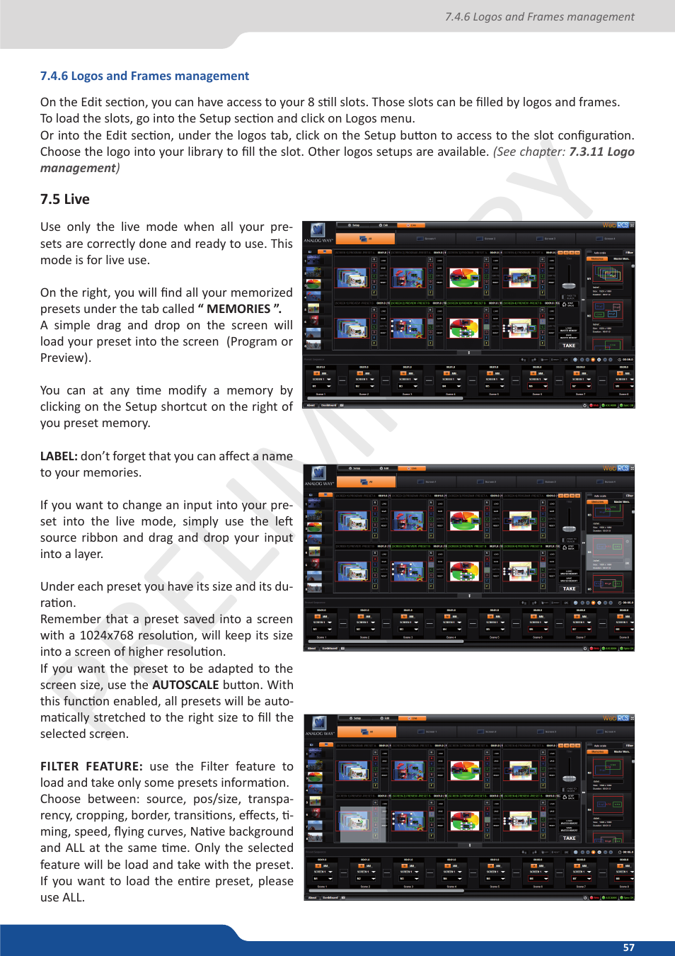 6 logos and frames management, 5 live, Preliminar y preliminar y | Analog Way Ascender 48 User Manual | Page 57 / 81