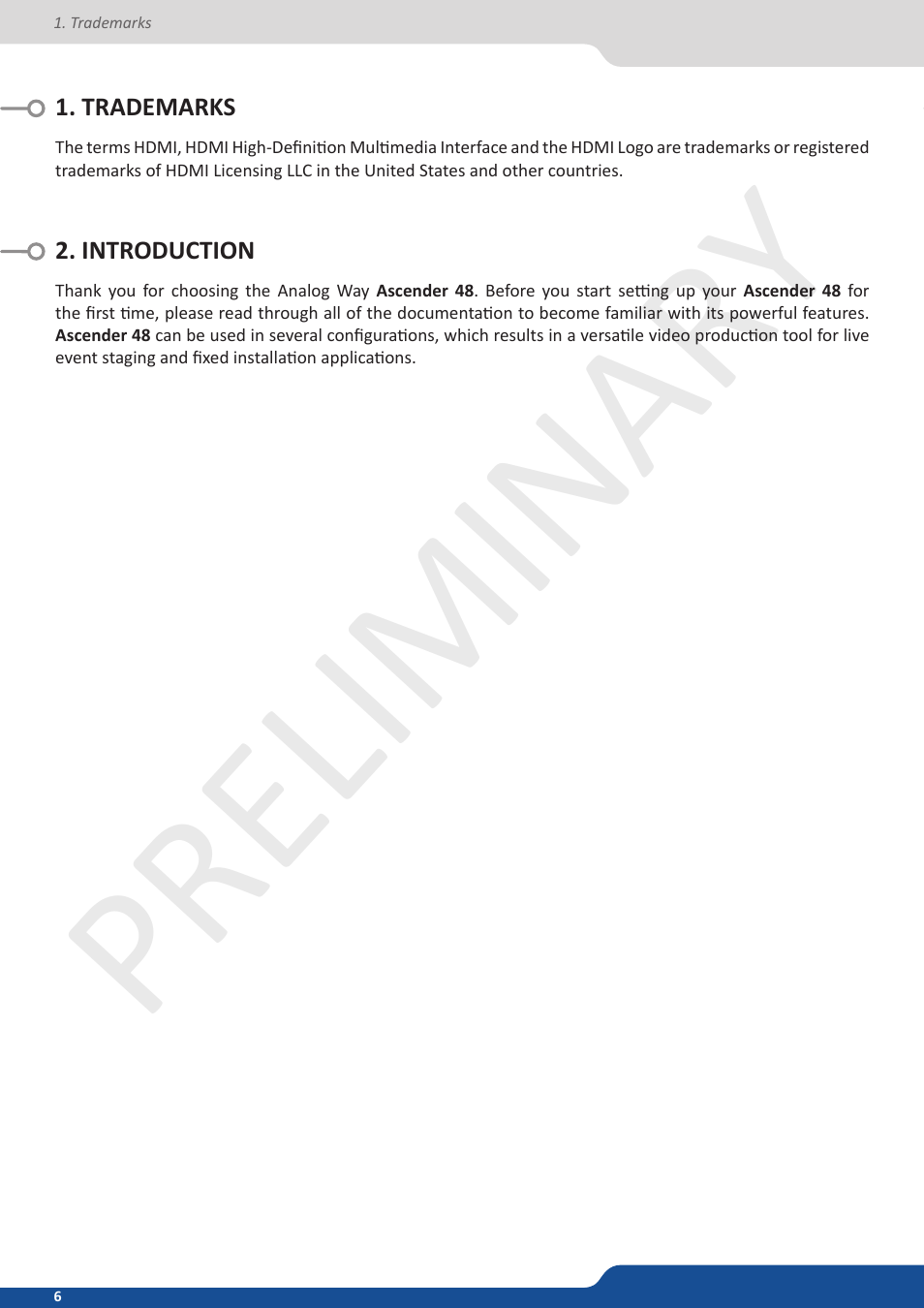 Trademarks, Introduction, Preliminar y | Analog Way Ascender 48 User Manual | Page 6 / 81