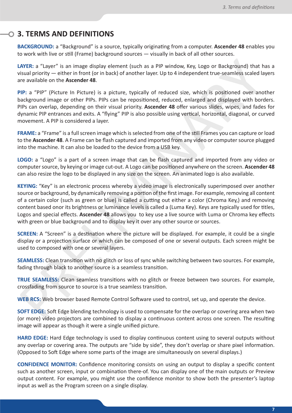 Terms and definitions, Preliminar y preliminar y | Analog Way Ascender 48 User Manual | Page 7 / 81