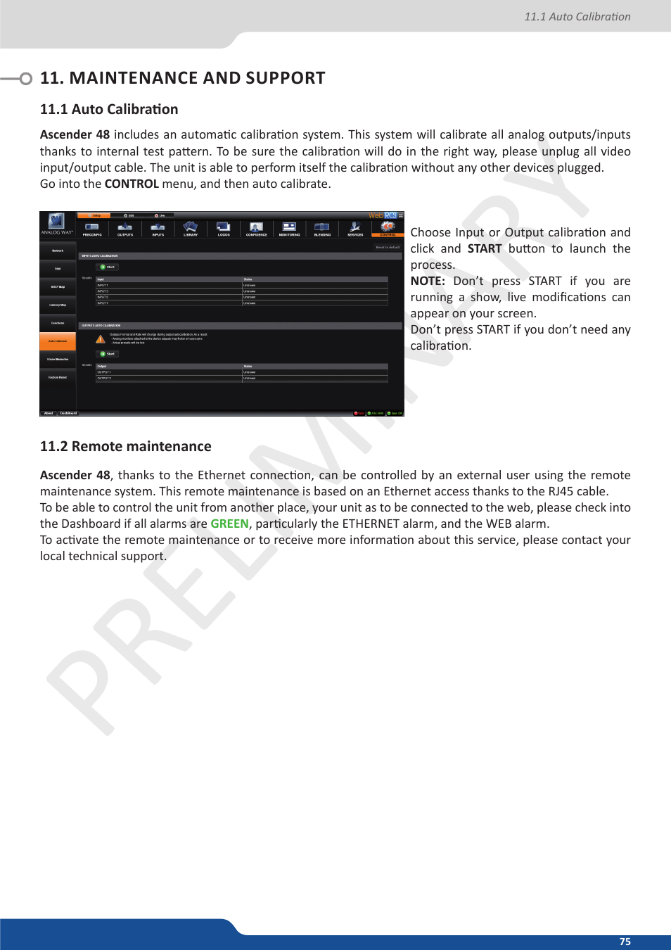 Maintenance and support, 1 auto calibration, 2 remote maintenance | Preliminar y preliminar y | Analog Way Ascender 48 User Manual | Page 75 / 81