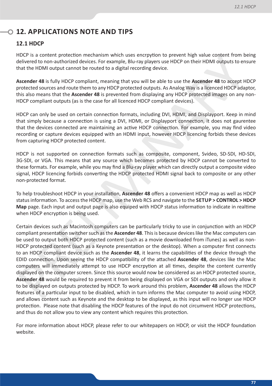 Applications note and tips, 1 hdcp, Preliminar y preliminar y | Analog Way Ascender 48 User Manual | Page 77 / 81