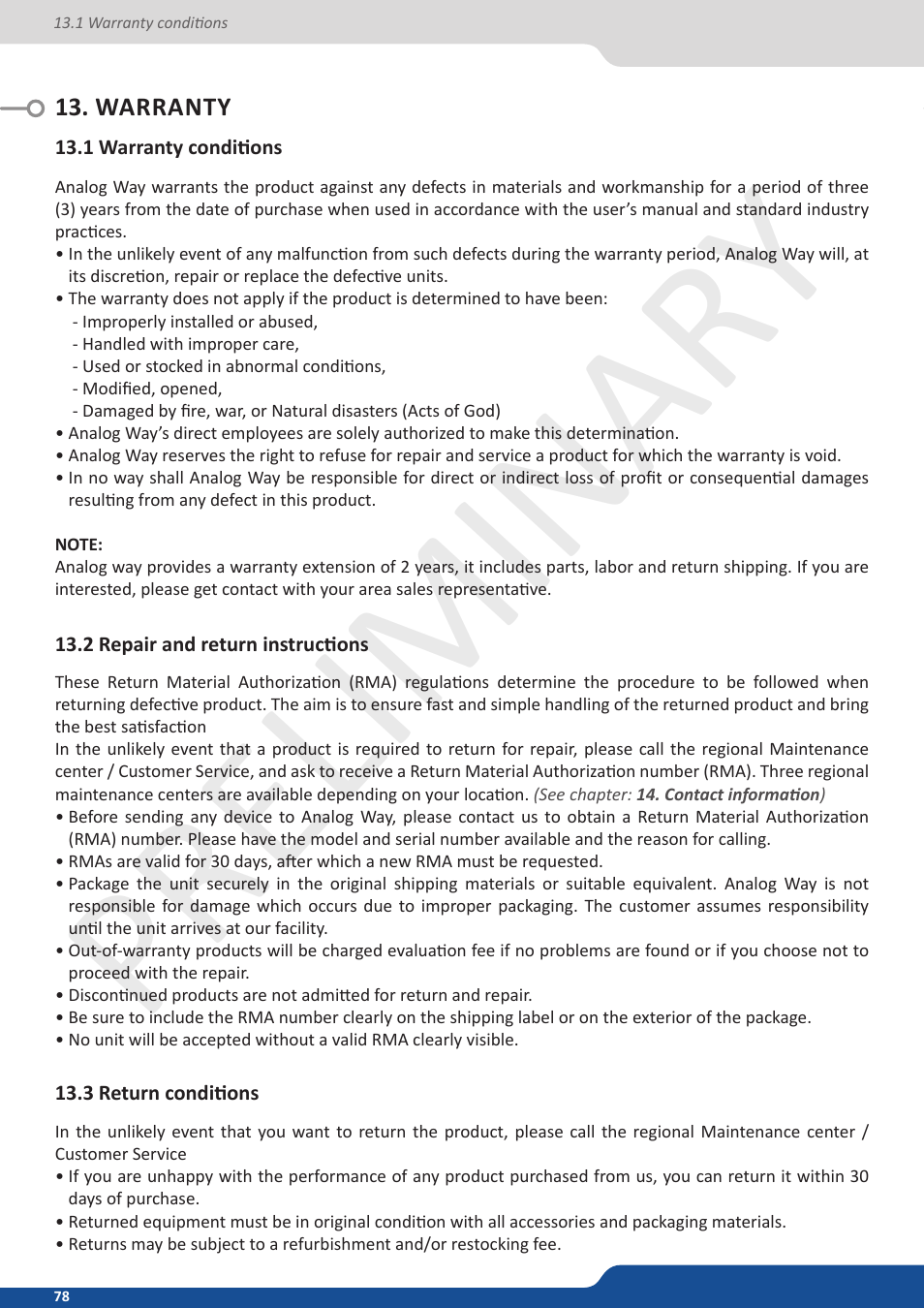 Warranty, 1 warranty conditions, 2 repair and return instructions | 3 return conditions, Preliminar y | Analog Way Ascender 48 User Manual | Page 78 / 81