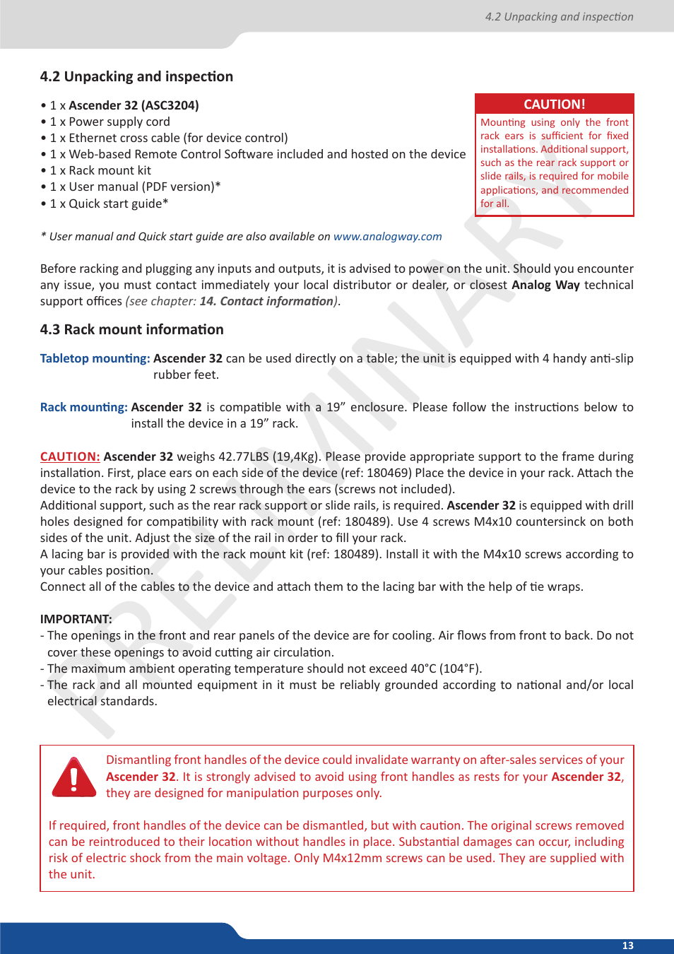 2 unpacking and inspection, 3 rack mount information, Preliminar y preliminar y | Analog Way Ascender 32 User Manual | Page 13 / 81