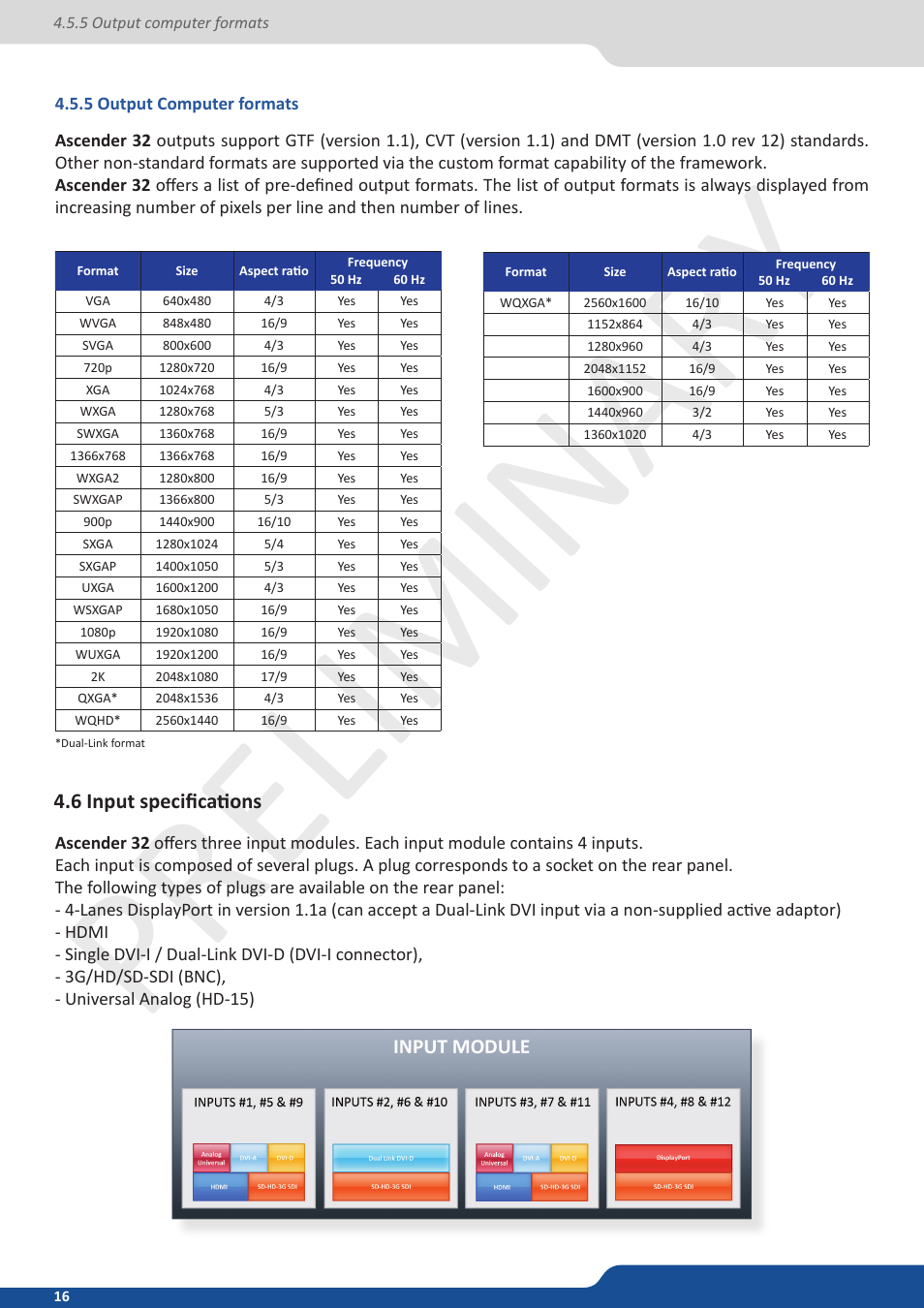 5 output computer formats, 6 input specifications, Preliminar y | Analog Way Ascender 32 User Manual | Page 16 / 81