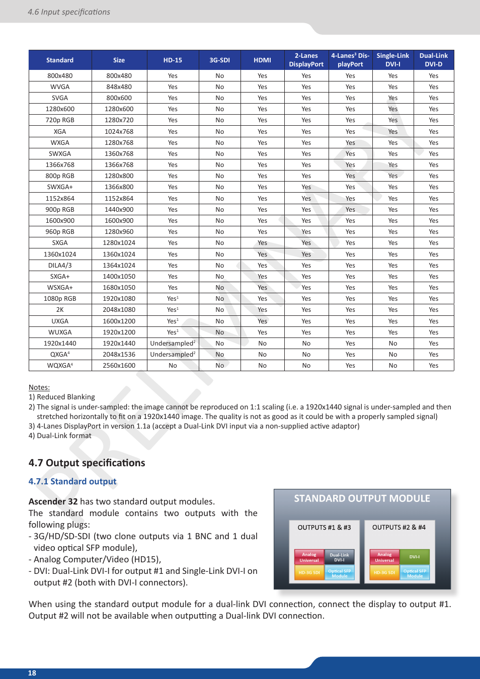 7 output specifications, 1 standard output, Preliminar y | Analog Way Ascender 32 User Manual | Page 18 / 81