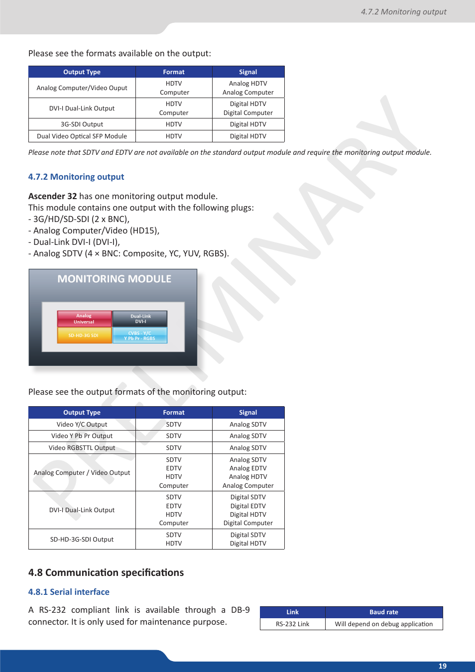 2 monitoring output, 8 communication specifications, 1 serial interface | Preliminar, Preliminar y preliminar y | Analog Way Ascender 32 User Manual | Page 19 / 81