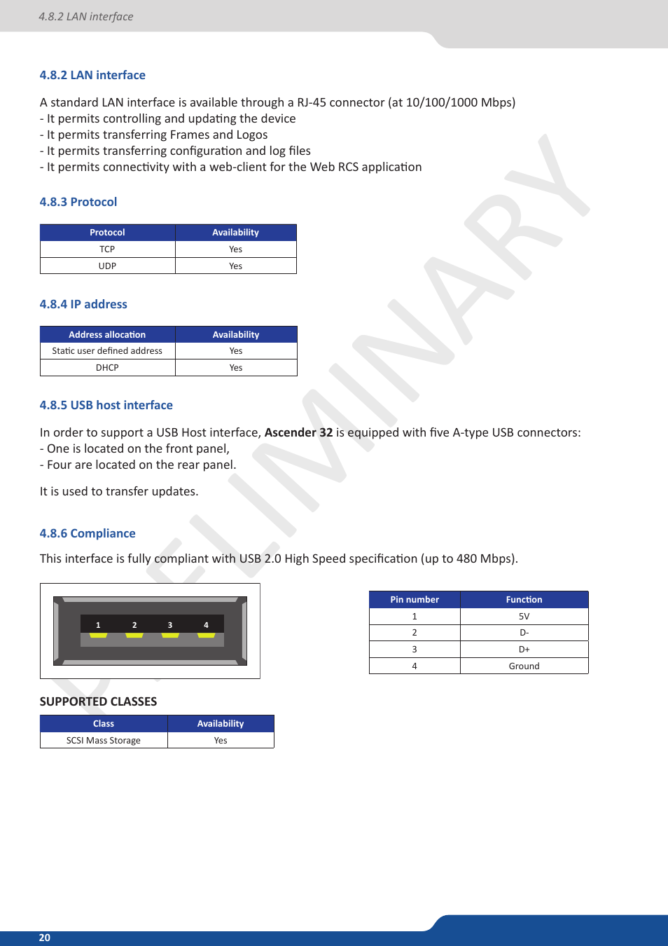 2 lan interface, 3 protocol, 4 ip address | 5 usb host interface, 6 compliance, Preliminar y | Analog Way Ascender 32 User Manual | Page 20 / 81