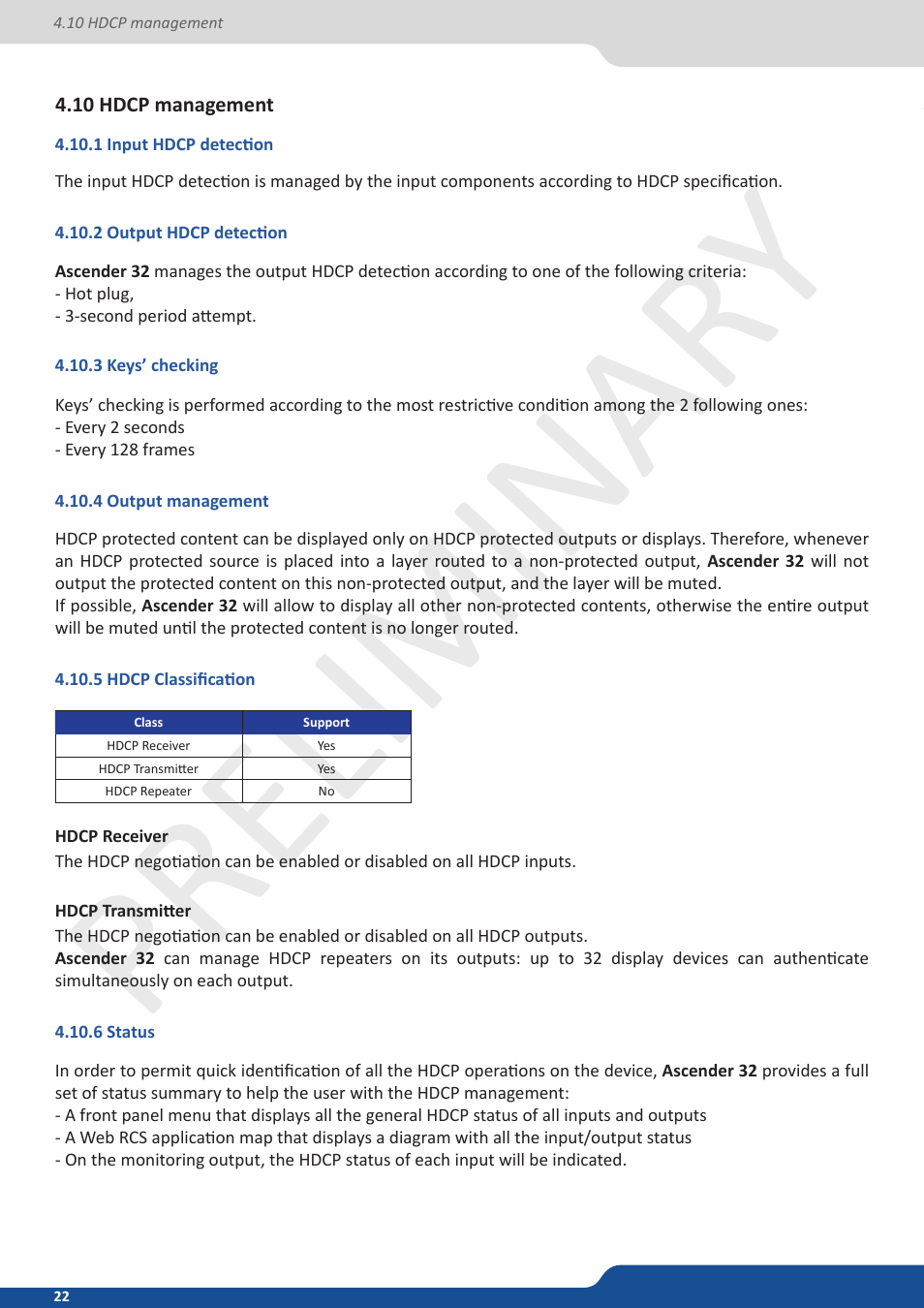 10 hdcp management, 1 input hdcp detection, 2 output hdcp detection | 3 keys’ checking, 4 output management, 5 hdcp classification, 6 status, Preliminar y | Analog Way Ascender 32 User Manual | Page 22 / 81