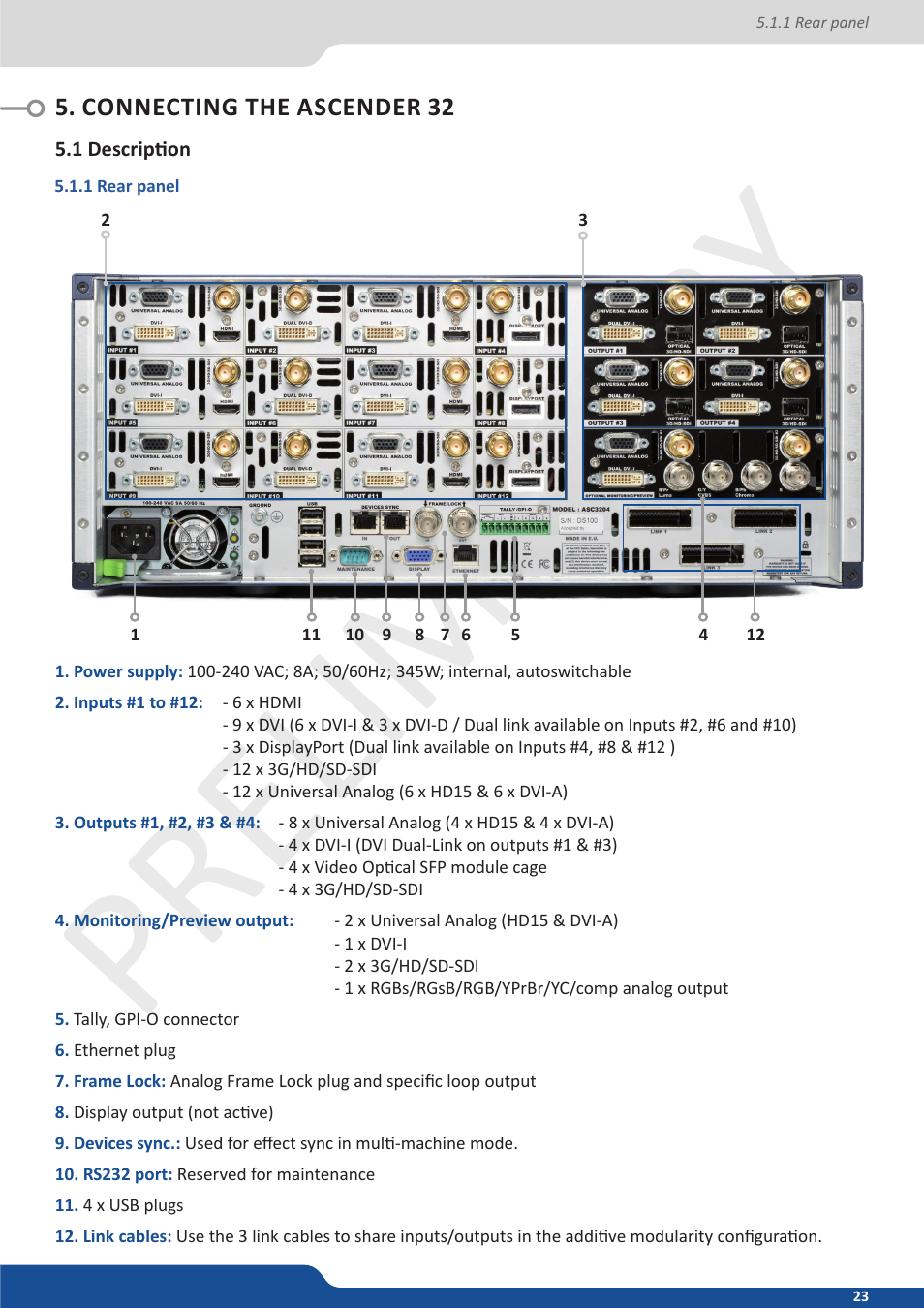 Connecting the nextage 16, 1 description, 1 rear panel | Connecting the ascender 32, 1 rear panel: ascender 32, Preliminar y preliminar y | Analog Way Ascender 32 User Manual | Page 23 / 81