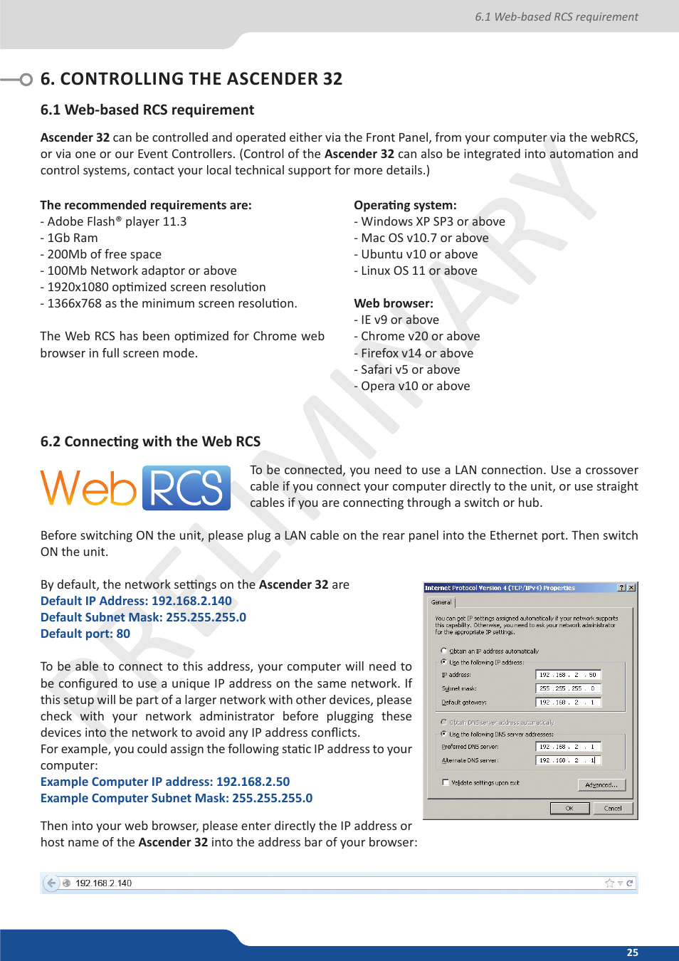 Controlling the nextage 16, 1 web-based rcs requirement, 2 connecting with the web rcs | Controlling the ascender 32, Preliminar y preliminar y | Analog Way Ascender 32 User Manual | Page 25 / 81