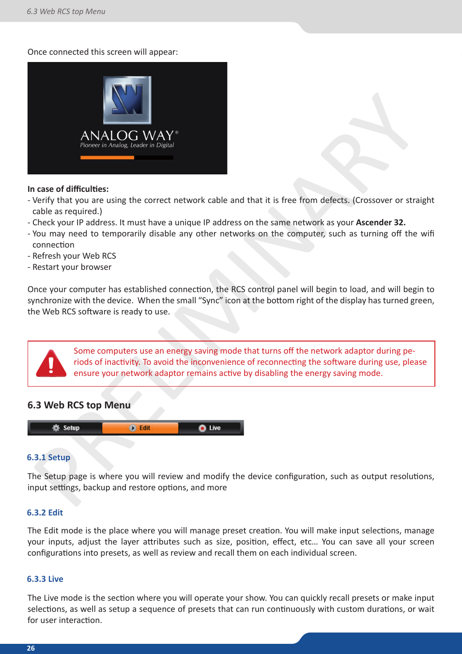 3 web rcs top menu, 1 setup, 2 edit | 3 live, Preliminar y | Analog Way Ascender 32 User Manual | Page 26 / 81