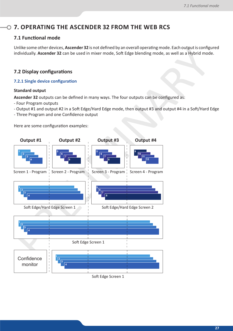 Operating the nextage 16 from the web rcs, 1 functional mode, 2 display configurations | 1 single device configuration, Operating the ascender 32 from the web rcs, Preliminar y preliminar y | Analog Way Ascender 32 User Manual | Page 27 / 81