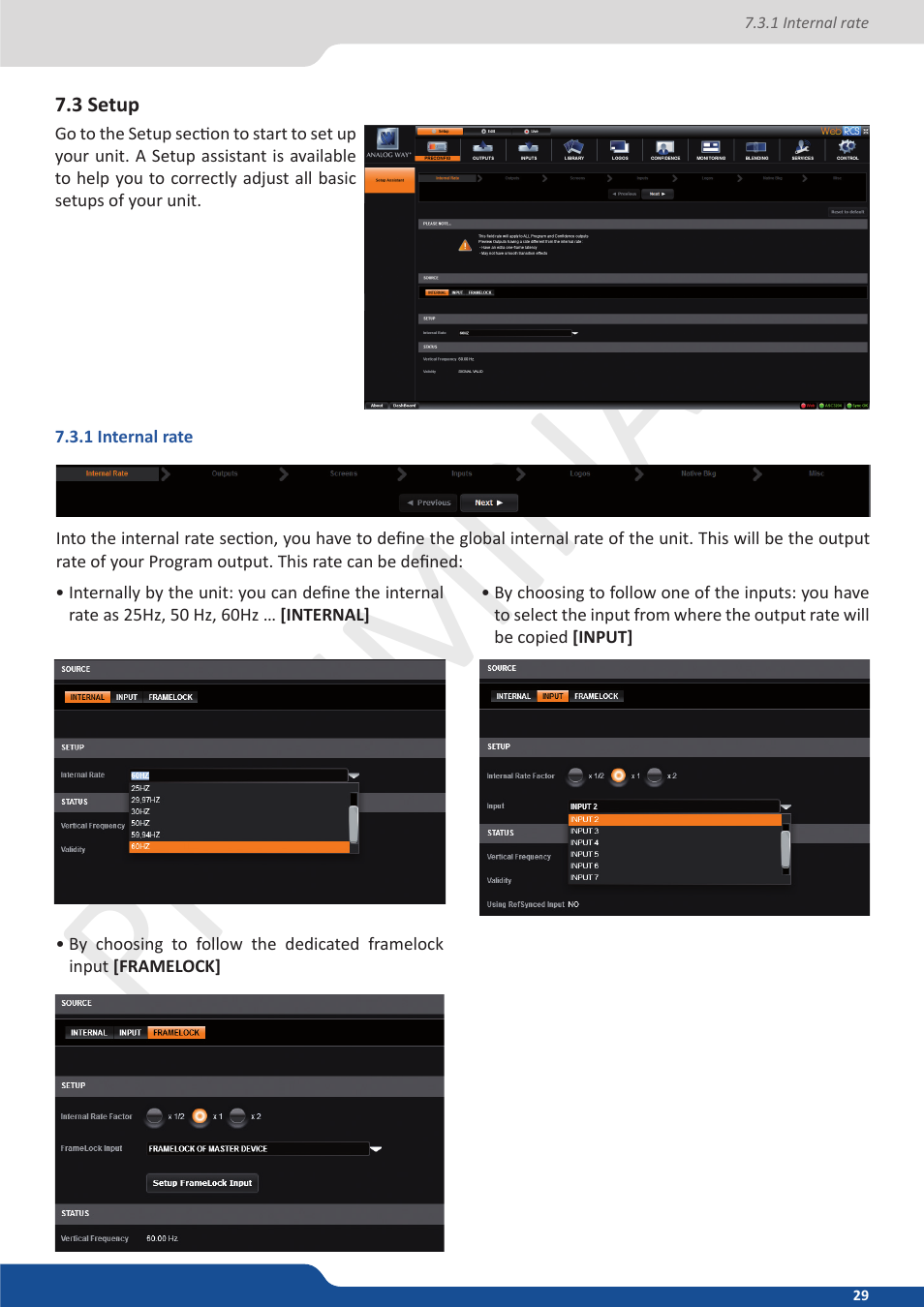 3 setup, 1 internal rate, Preliminar y preliminar y | Analog Way Ascender 32 User Manual | Page 29 / 81