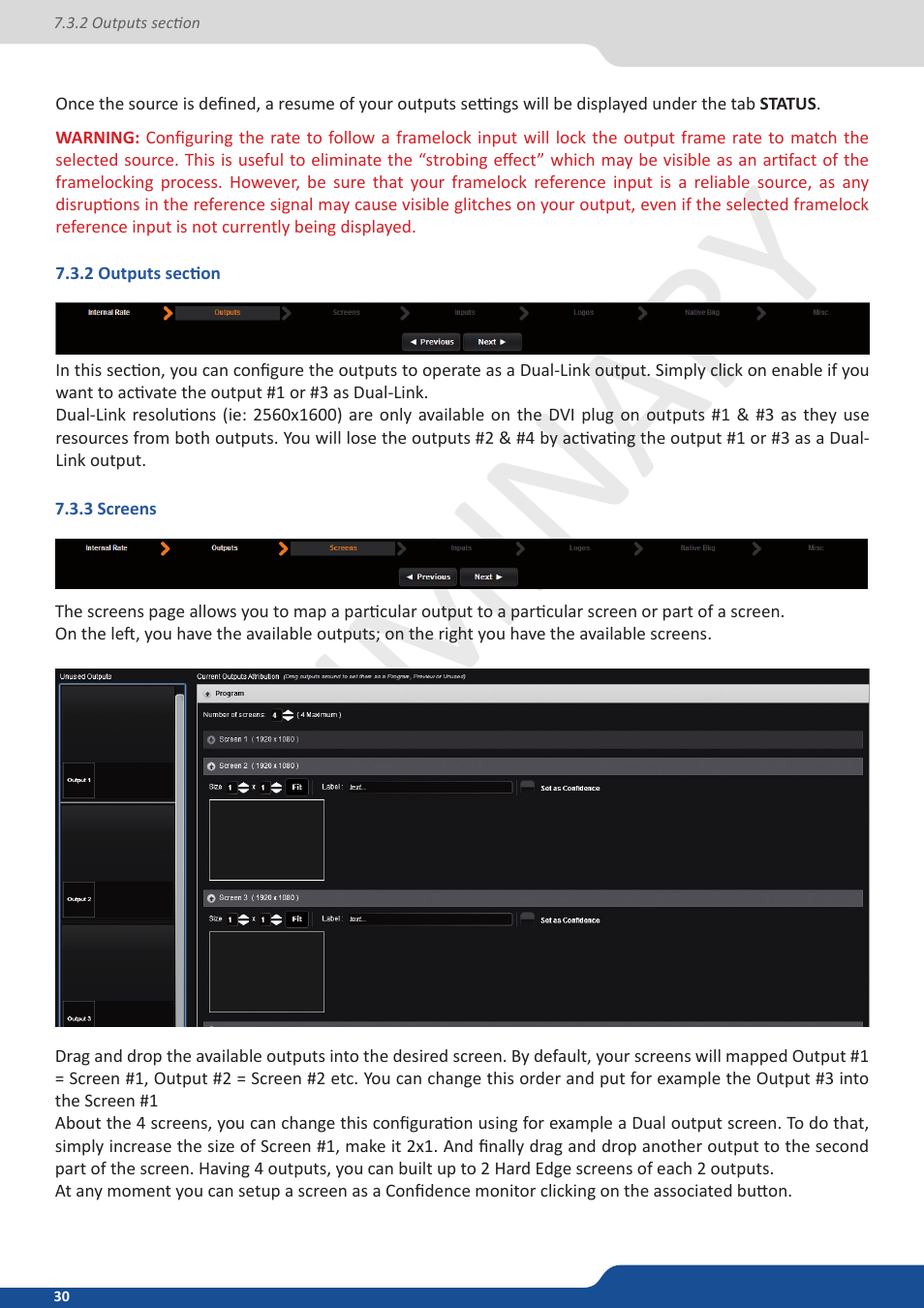 2 outputs section, 3 screens, Preliminar y | Analog Way Ascender 32 User Manual | Page 30 / 81