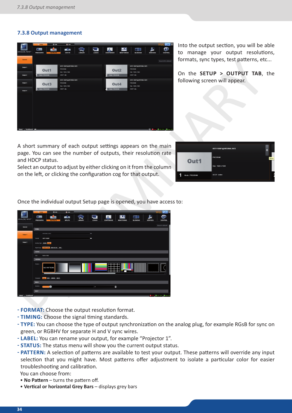 8 output management, Preliminar y | Analog Way Ascender 32 User Manual | Page 34 / 81