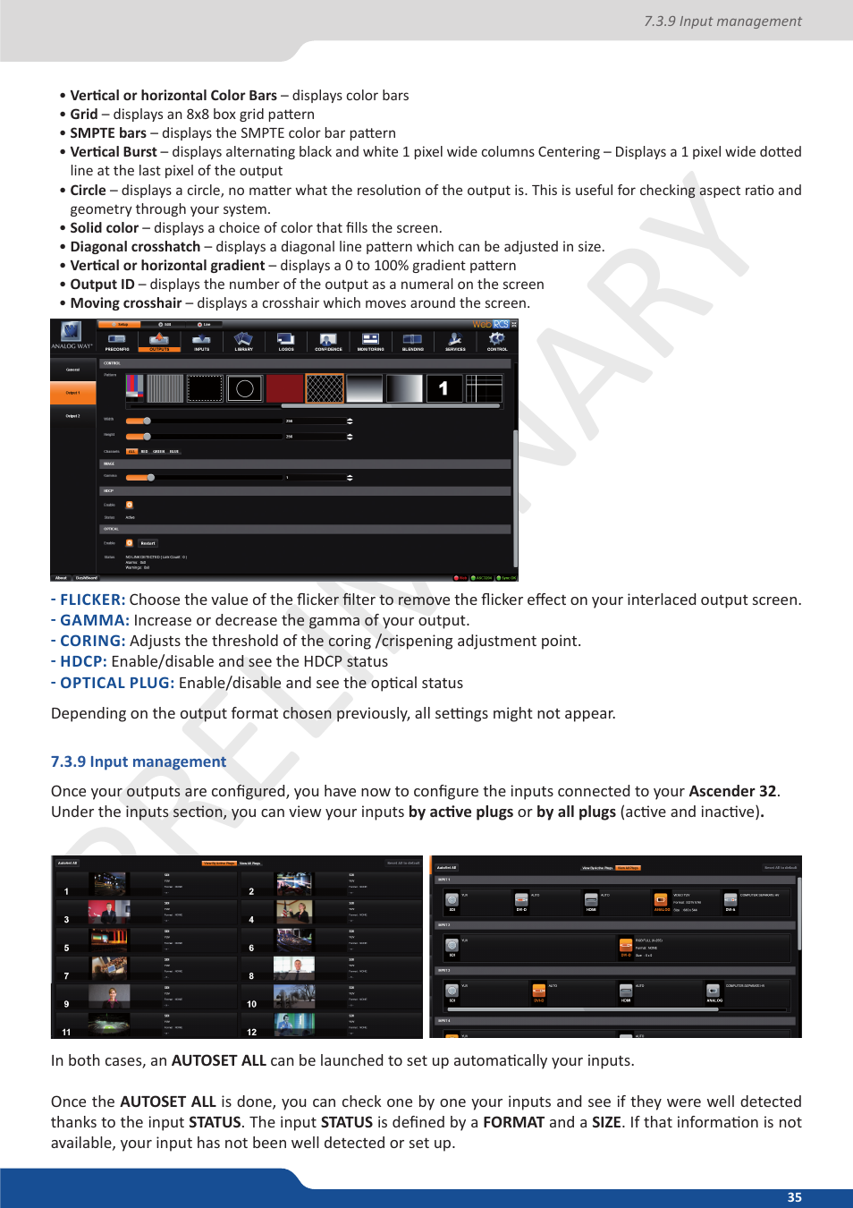 9 input management, Preliminar y preliminar y | Analog Way Ascender 32 User Manual | Page 35 / 81