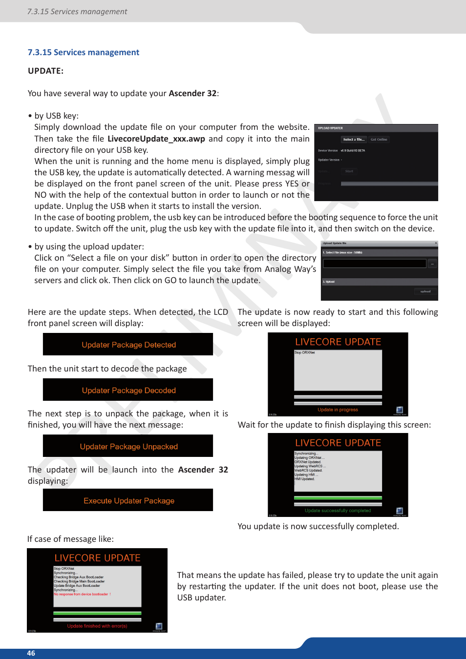 15 services management, 15 services management (update), Preliminar y | Analog Way Ascender 32 User Manual | Page 46 / 81