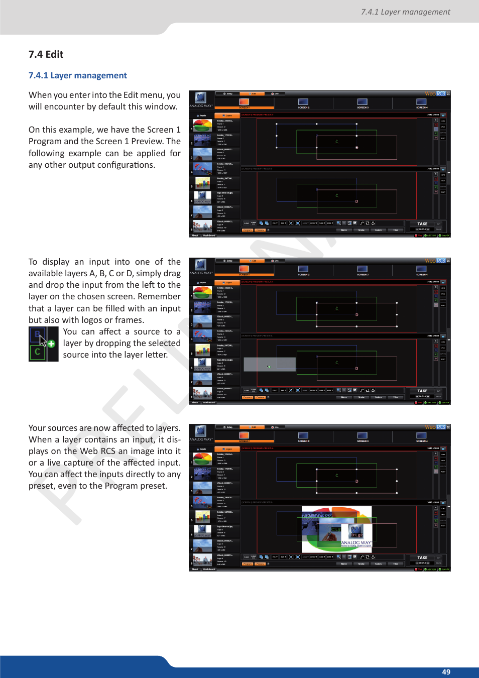 4 edit, 1 layer management, Preliminar y preliminar y | Analog Way Ascender 32 User Manual | Page 49 / 81