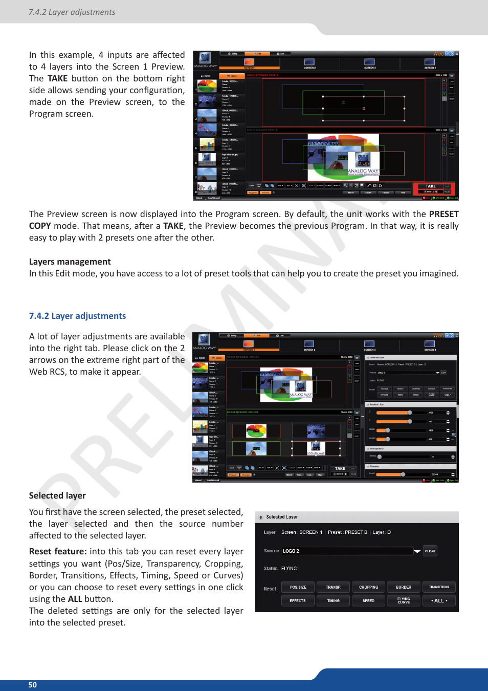2 layer adjustments, Preliminar y | Analog Way Ascender 32 User Manual | Page 50 / 81